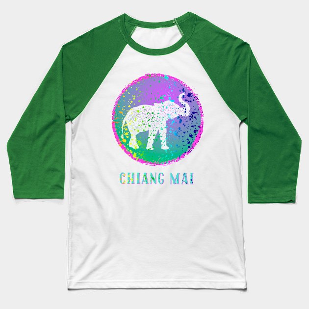 Chiang Mai Thailand Colorful Elephant Splatter Design Souvenir Baseball T-Shirt by Pine Hill Goods